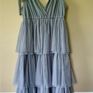 NWT In Bloom In Dusky Blue Polka Dot Tiered Tulle Midi Dress Size L